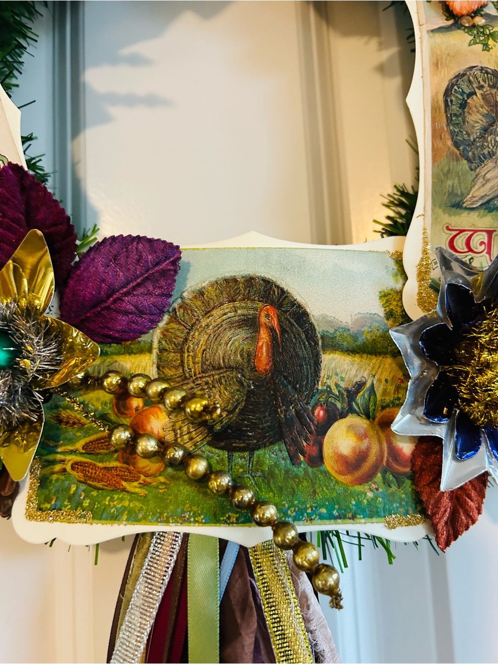 Vintage Repurposed Fall Festive Holiday Wreath - Picture 7 of 16